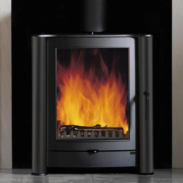 Modern black wood-burning stove with visible flames.