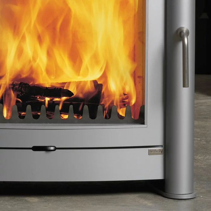 Wood burning stove with blazing fire inside.