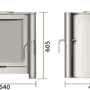 Dimensions of stainless steel stove in front and side view