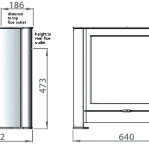 Stove dimensions: width 640mm, height 605mm, depth 422mm.