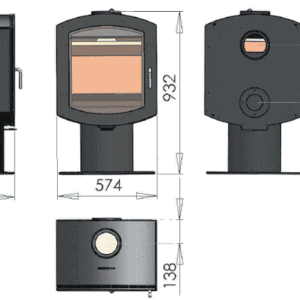 Wood stove 3D technical drawing with measurements.
