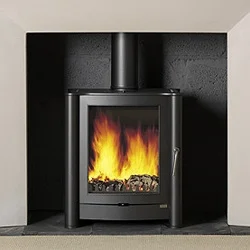 Modern wood-burning stove with flames