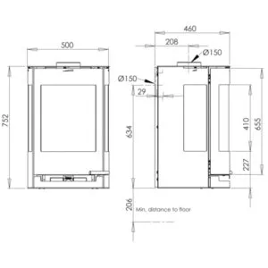 Wood stove technical drawing with measurements and dimensions.