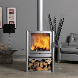 Modern wood-burning stove in stylish living room.