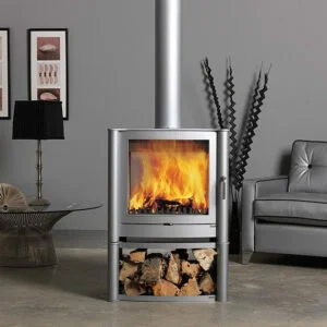 Modern wood-burning stove in stylish living room.