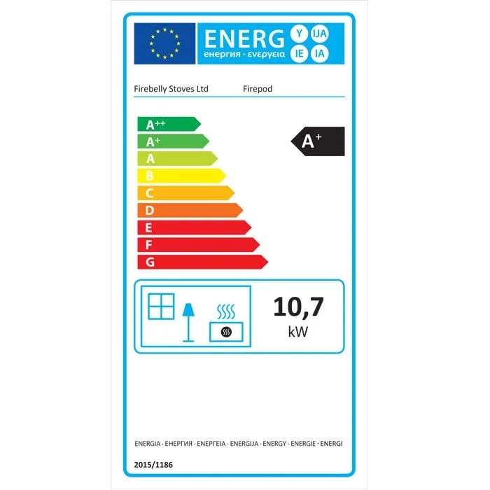 Energy label, A+ rating, 10.7 kW, Firebelly Stoves.
