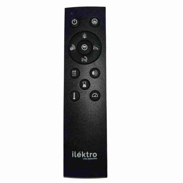 Black remote control with multiple buttons.
