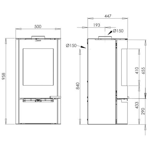 Stove dimensions diagram with measurements in millimetres.