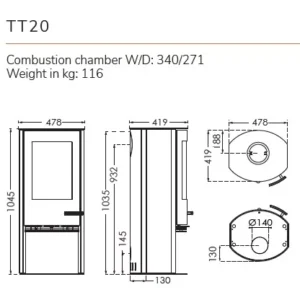 Technical drawing of TT20 stove with dimensions.