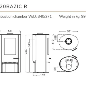 TT20BAZIC R stove dimensions and specifications.