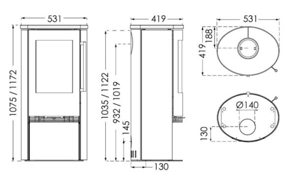 Detailed stove dimensions diagram with measurements.