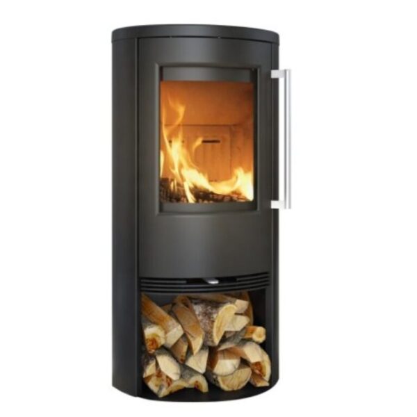 Modern wood-burning stove with visible flames.