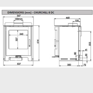 Churchill 8 DC stove dimensions diagram in millimetres.