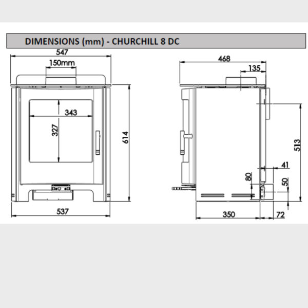 Churchill 8 DC stove dimensions diagram in millimetres.