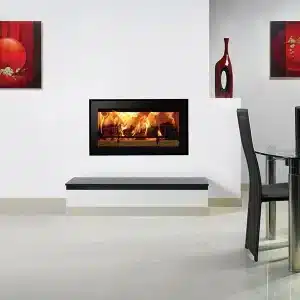 Modern living room with fireplace and abstract art.