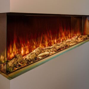 Modern wall-mounted electric fireplace with realistic flames.