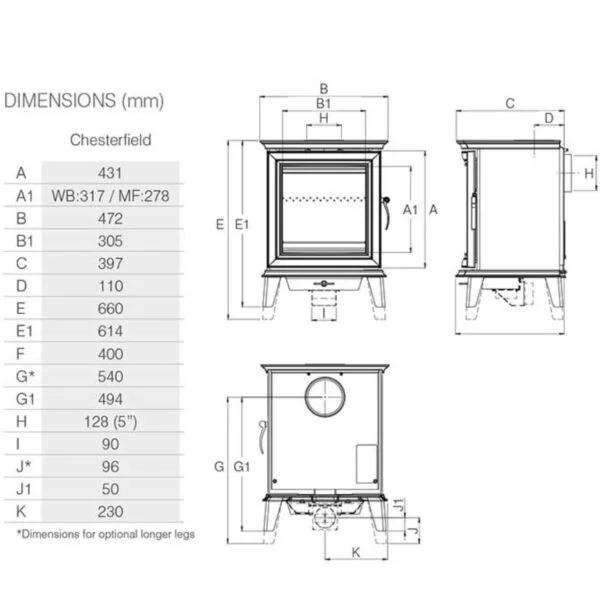 Stovax chesterfield dimensions