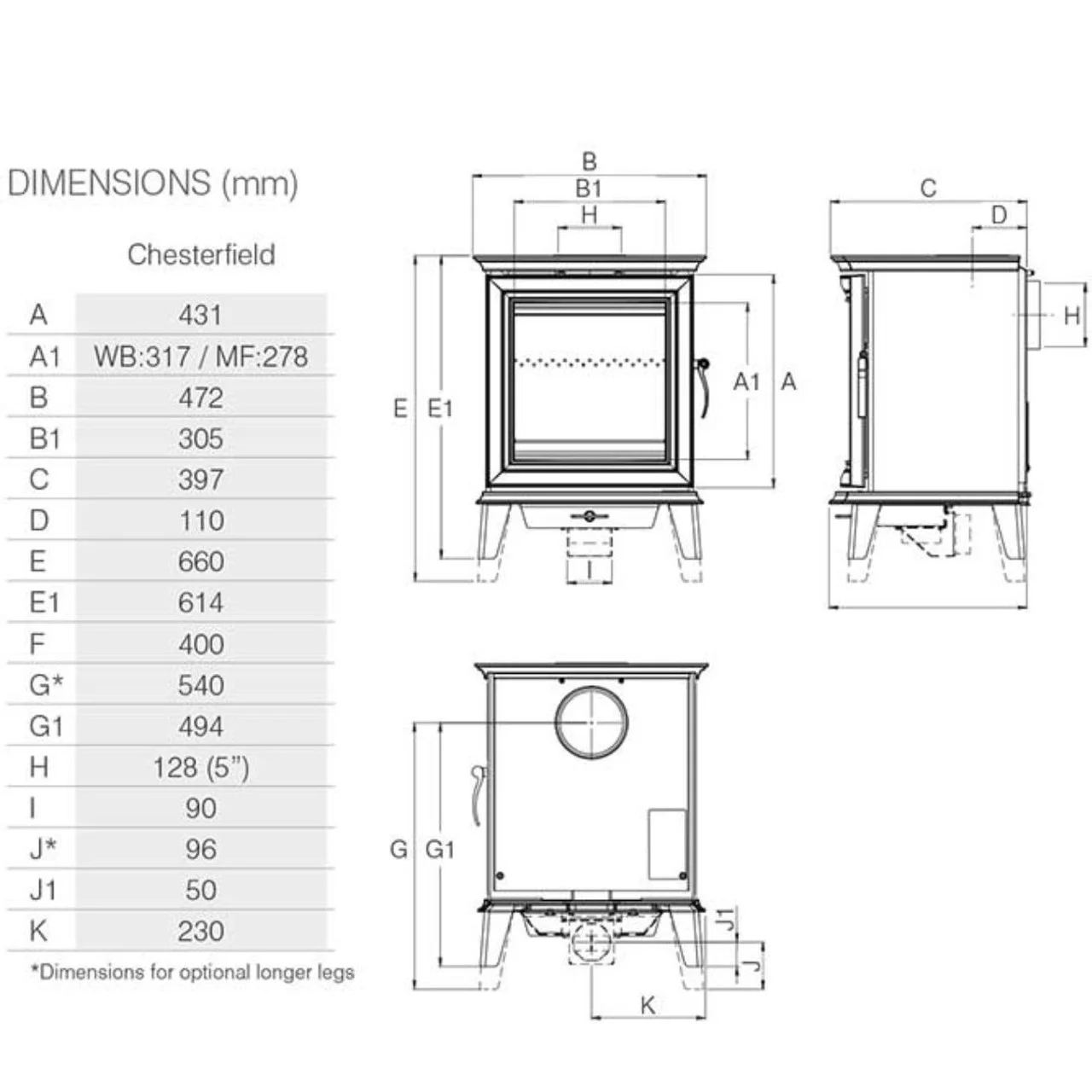 Stovax chesterfield dimensions
