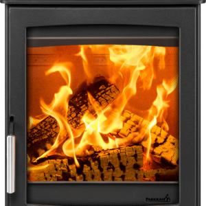 Wood-burning stove with roaring fire inside.